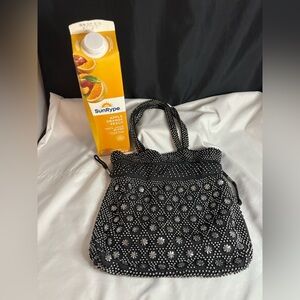 Black metallic beaded, drawstring purse/bag